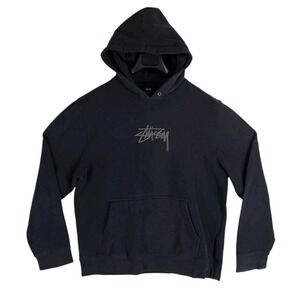 Vtg Stussy Hoodie Pullover Sweatshirt Mens M Black Embroidered Logo Heavyweight